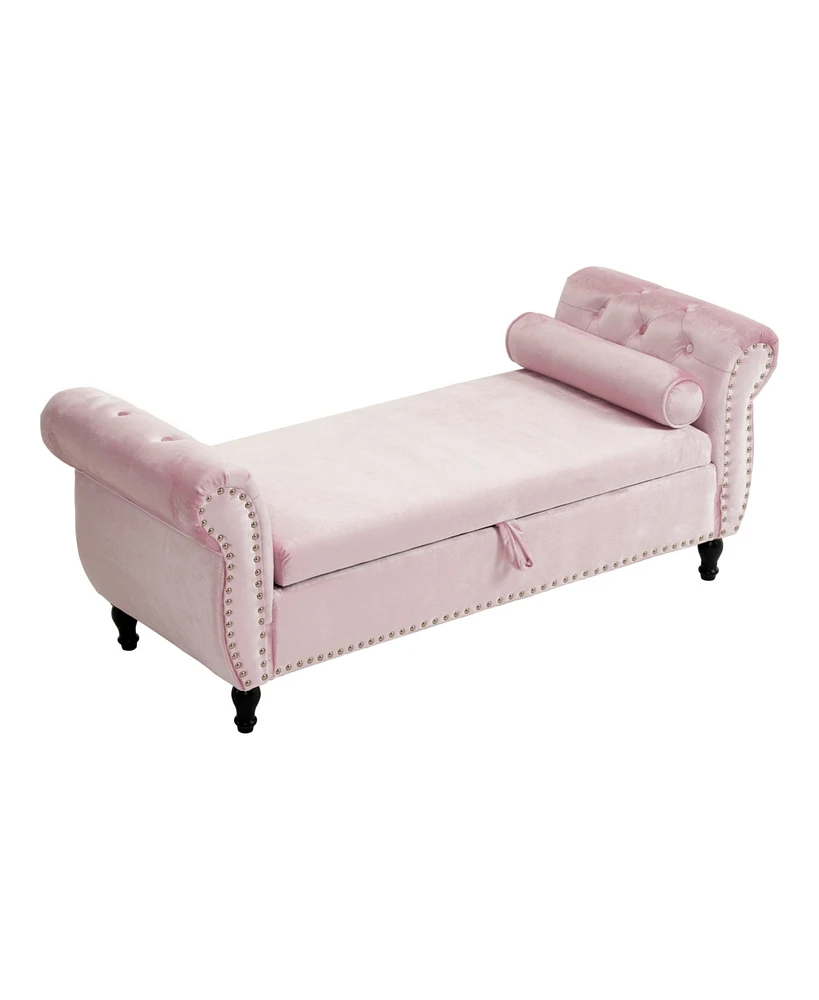 Streamdale Furniture Velvet Multifunctional Storage Rectangular ottoman bench with 1 Pillow, Pink