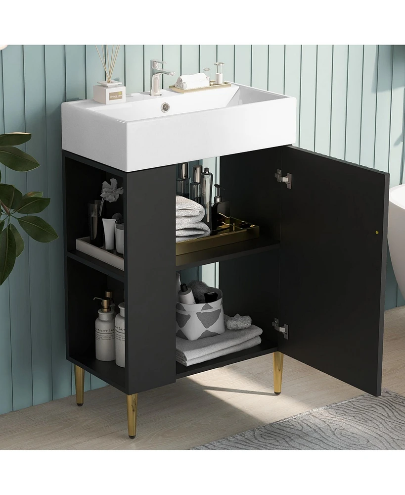 Streamdale Furniture 21.6" Black Bathroom vanity, Combo Cabinet, Bathroom Storage Cabinet, Single Ceramic Sink, Left side storage