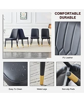 Table and chair set, 1 table with 4 black Pu chairs. White imitation marble pattern desktop. Black Mdf table legs, gold lines, black base.
