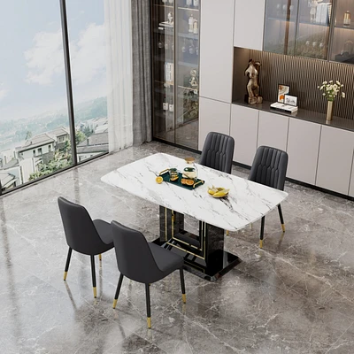 Table and chair set, 1 table with 4 black Pu chairs. White imitation marble pattern desktop. Black Mdf table legs, gold lines, black base.