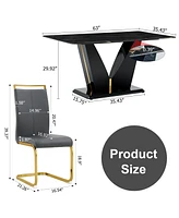 Simplie Fun Table and chair set, Modern minimalist rectangular dining table, 0.4 inch thick, with a black imitation marble pattern glass desktop and b