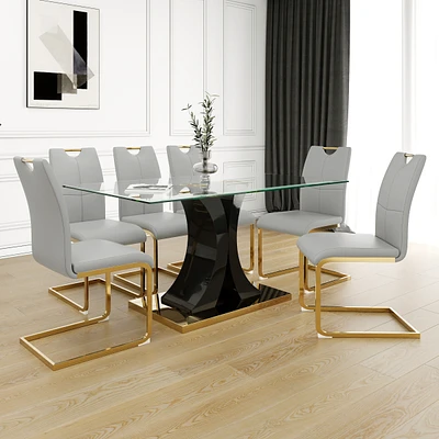 Simplie Fun Modern style glass dining table, elegant transparent design, solid support base, grey dining chair set, gold