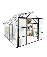 8x10FT Double Door Polycarbonate Greenhouse Raised Base and Anchor Aluminum Heavy Duty Walk-in Greenhouses for Outdoor Backyard in All Season, Black