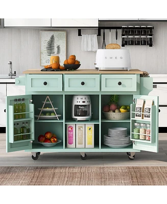 Simplie Fun Kitchen Cart with Rubber wood Drop-Leaf Countertop, Cabinet door internal storage racks, Kitchen Island on 5 Wheels with Storage Cabinet a