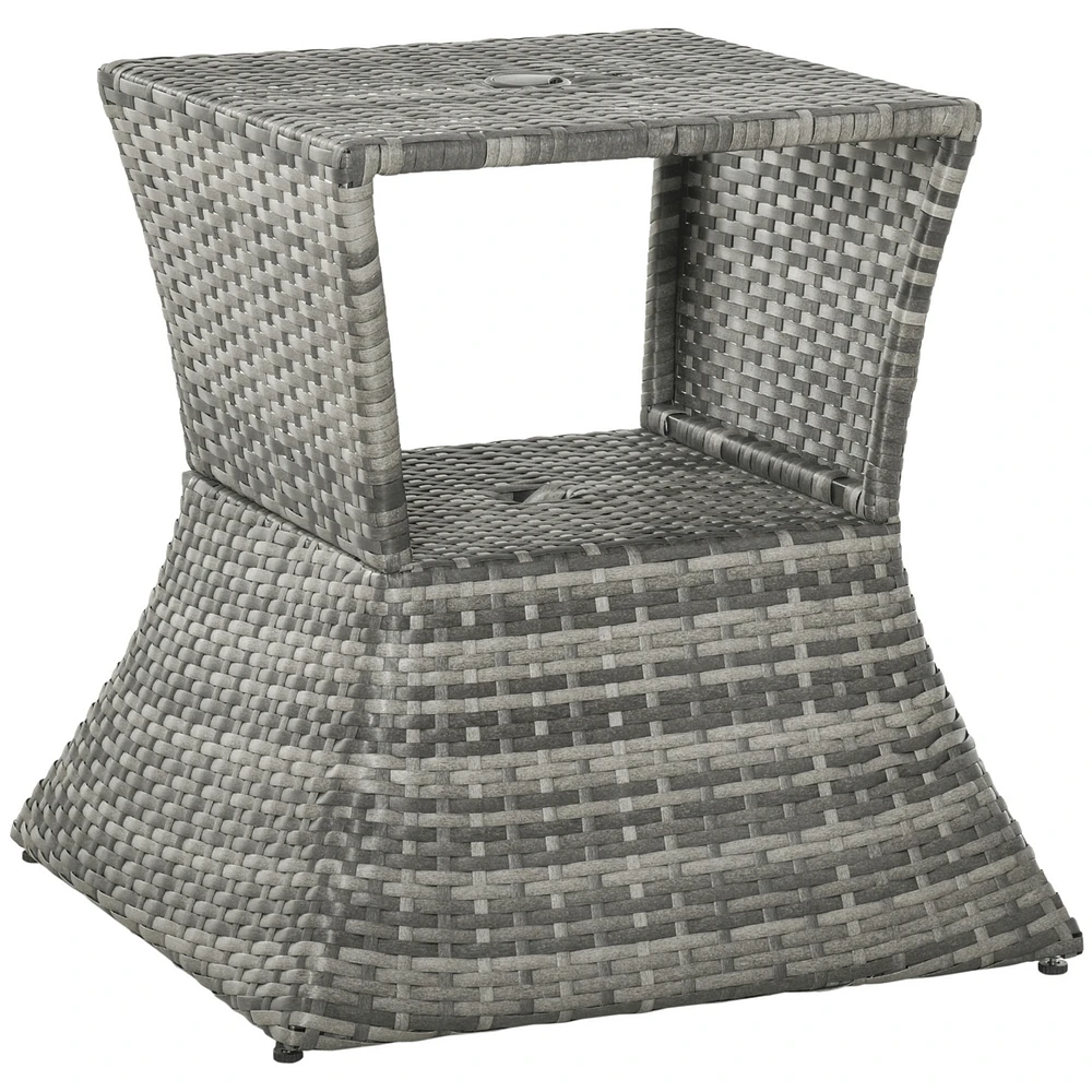 Simplie Fun Rattan Wicker Side Table with Umbrella Hole, 2 Tier Storage Shelf for All Weather for Outdoor, Patio, Garden, Backyard, Mixed Grey