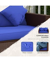 Simplie Fun Patio Wicker Loveseat with Cushions, 2-Seat Outdoor Pe Rattan Couch Sofa with Throw Pillows, for Porch, Backyard, Garden, Poolside, Blue