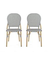 Outdoor Pe Rattan And Aluminum Armless French Bistro Chairs, Set Of 2, Gray And Bamboo Finish