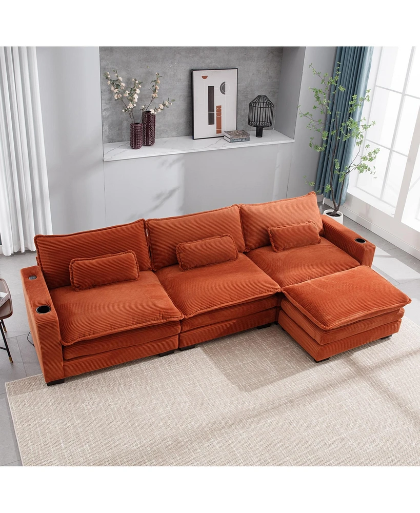 Streamdale Furniture L Shape Sofa Couch with Usb & Cup Holders, Corduroy Stripe Fabric 3 Seater Sofa with 1 Ottoman, Orange