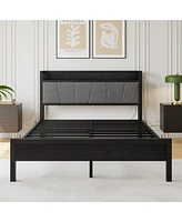 Queen Size Bed Frame, Storage Headboard with Charging Station, Solid and Stable, Noise Free, No Box Spring Needed, Easy Assembly