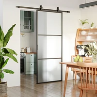 36" x 84" Sliding Door with Hardware Kit, Handle, & Track, Industrial Frosted Tempered Glass Door with Carbon Steel, Easy Installation