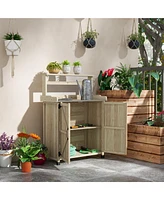 Potting Bench, Outdoor Wooden Potting Table with Storage Cabinet with 2 Shelves, Garden Work Bench with Galvanized Plated Tabletop for Backyard, Balco