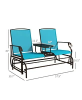 Simplie Fun Outdoor Glider Bench with Center Table, Metal Frame Patio Loveseat with Breathable Mesh Fabric and Armrests for Backyard Garden Porch, Blu