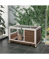 Wooden Rabbit Hutch Indoor Outdoor, Elevated Bunny Cage with No Leak Tray Enclosed Run with Wheels, Ideal for Guinea Pigs and Small Animals, Brown