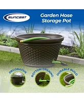 Suncast 100 Foot Resin Wicker Garden Water Hose Caddy Storage Holder Pot, Java