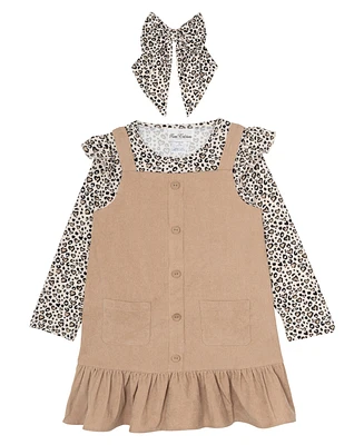 Rare Editions Little Girls Corduroy Jumper with Cheetah Print Tee and Hair Tie, 3-Piece Set