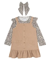 Rare Editions Little Girls Corduroy Jumper with Cheetah Print Tee and Hair Tie, 3-Piece Set