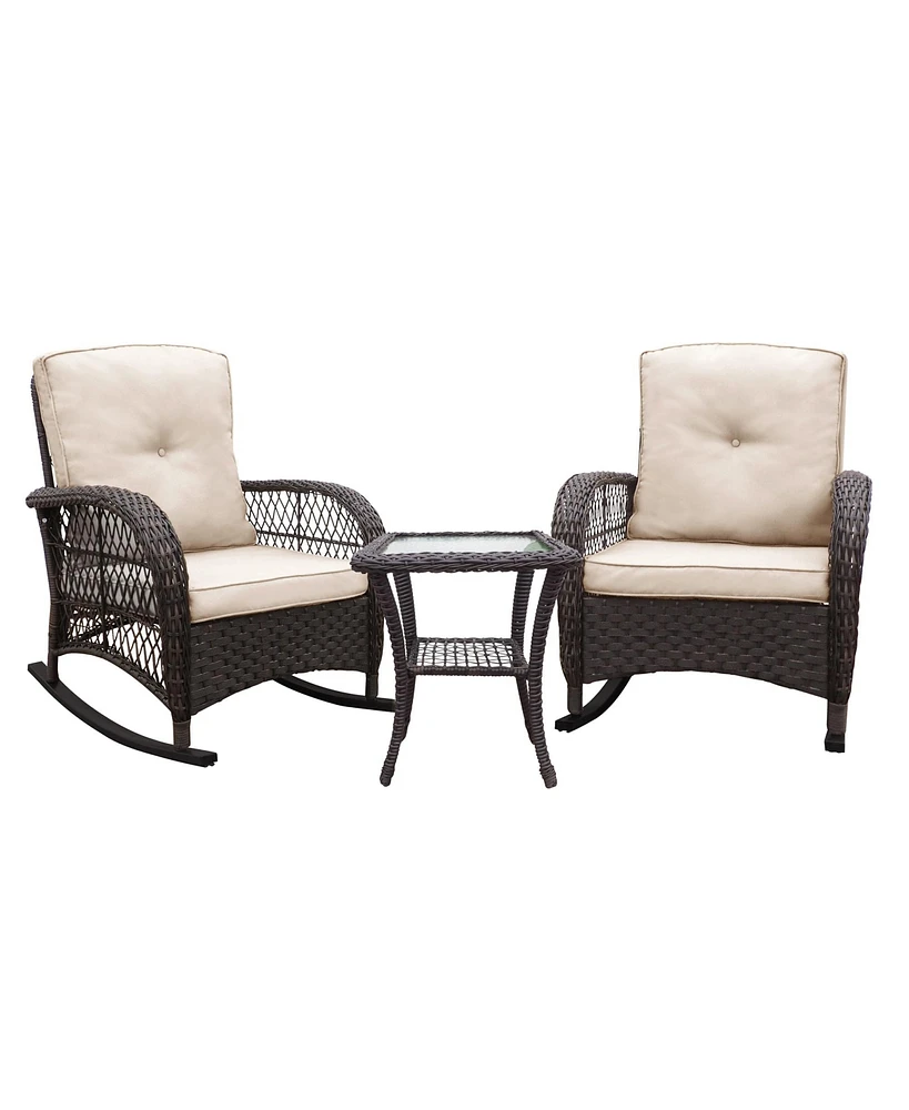 Streamdale Furniture 3 Pieces Conversation Set, Outdoor Wicker Rocker Patio Bistro Set, Rocking Chair with Glass Top Side Table