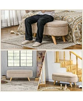 Storage Ottoman Bench, 43.3" Teddy Fleece Upholstered End of Bed Bench with Wood Legs and Padded Seat, Oval Modern Entryway Bench, Beige