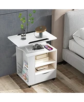 Gymax Nightstand Bedside Table Swivel Laptop Tray with Charging Station and Led Lights