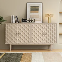 Modern 4-door Sideboard with Convex Pattern Doors and 2 Silver Handle for Living Room, Dining Room, Kitchen (Almond)