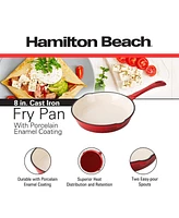 Hamilton Beach Enameled Cast Iron Fry Pan 8-Inch Red, Cream Enamel Coating, Skillet Pan for Stove Top and Oven