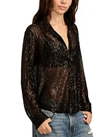 Lucky Brand Women's Sequin Mesh Button-Front Shirt