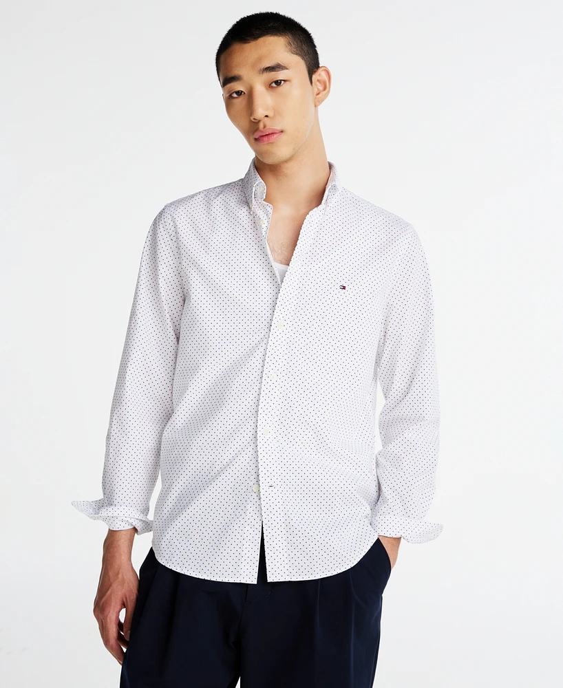 Tommy Hilfiger Men's Long Sleeve Button-Front Dot Print Flex Poplin Shirt