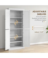 72.5" Freestanding Kitchen Pantry Cabinet, Tall Storage Cabinet with 4 Doors and 2 Adjustable Shelves for Dining Room, White Wood Grain