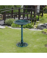 28'' Bird Bath Outdoor Resin Decor with Fleur De Lis Pattern, Time-Worn Finish
