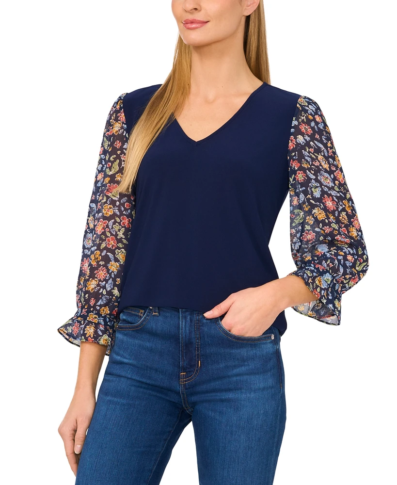 CeCe Women's V-Neck Mixed-Media Floral 3/4-Sleeve Top