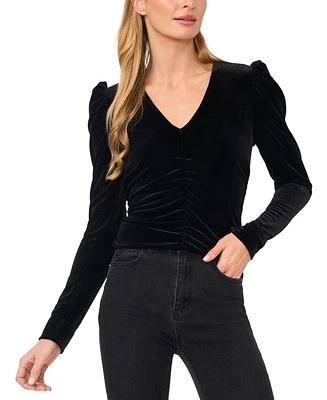 CeCe Women's Velvet V-Neck Ruched Long-Sleeve Top