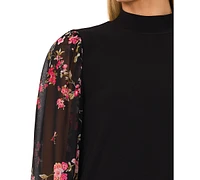 CeCe Women's Mock Neck Mixed-Media Floral Long-Sleeve Top