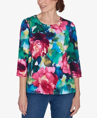 Alfred Dunner Petite Key Items Watercolor Floral Embellished Neck Top