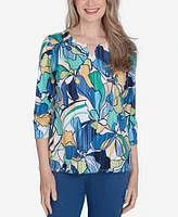 Alfred Dunner Petite Key Items Drama Floral Three Quarter Sleeve Tee