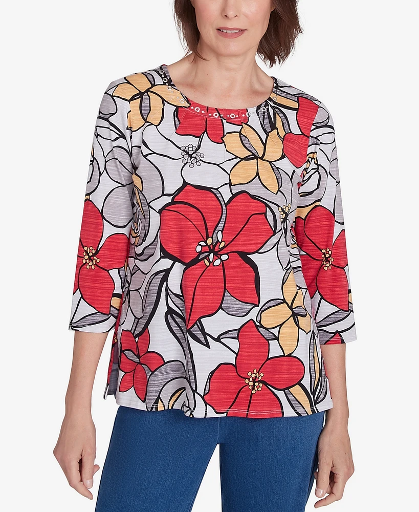 Alfred Dunner Petite Key Items Bold Floral Print Three Quarter Sleeve Tee