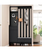 Contemporary 39.3" Wx70.8" H Hall Tree Storage with Cushioned Storage Bench, Multifunctional Hallway Shoe Cabinet with Pegboard, Modern Coat