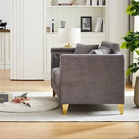 61.5" Mid-century design modern sofa, Chenille Pull Buckle Design Sofa for Living Room, Buttons Tufted With Copper Nail Decoration Armrest, with