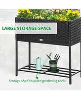 Raised Garden Bed, Elevated Planter Box with Rattan Wicker Look, Tool Storage Shelf, Portable Design for Herbs, Vegetables, Flowers, Black