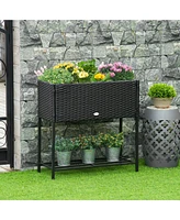 Simplie Fun Raised Garden Bed, Elevated Planter Box with Rattan Wicker Look, Tool Storage Shelf, Portable Design for Herbs, Vegetables, Flowers, Black