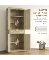 72" Tall Pantry Cabinet with Rattan Decorated Panel, Freestanding Boho Kitchen Storage Cabinet with 4 Doors, Drawer, 5-Tier Shelf and Adjustable