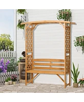 Streamdale Furniture Patio Garden Bench Arbor Arch with Pergola and 2 Trellises, 3 Seat Natural Wooden Outdoor Bench for Grape Vines & Climbing Plants