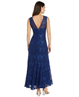 R & M Richards Women's Long Embellished Illusion-Detail Lace Gown