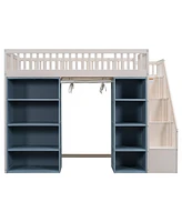 Streamdale Furniture Full Size Loft Bed with 2 Four-layer Storage Cabinets and Curtain, White+Blue(Expected Arrival Time:9.28)