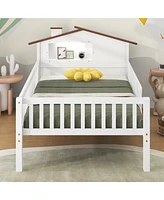 Twin Size Wood Platform Bed with House-shaped Headboard, Led and Built-in Storage, White