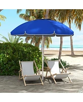 5.7' Portable Beach Umbrella with Tilt, Adjustable Height, 2 Cup Holders & Hooks, Uv 40+ Ruffled Outdoor Umbrella with Vented Canopy, Blue
