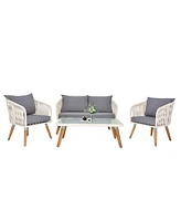 Slickblue 4 Piece Patio Furniture Set, Outdoor Acacia Wood Conversation Set, All-Weather Rope Sofa Set with Coffee Table, Loveseat