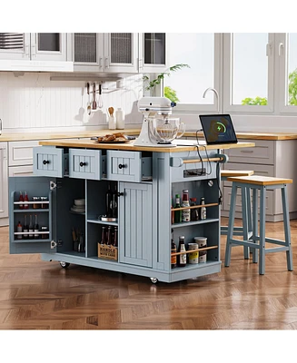 53" Kitchen Island with Storage, Power Outlet, Bar Stools