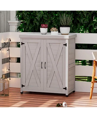 Simplie Fun Potting Bench with Storage Cabinet and Metal Table Top for Outdoor Patio, Outdoor Work Station Table