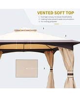 10' x 12' Outdoor Gazebo with Netting and Curtains, Patio Gazebo Canopy with 2-Tier Soft Top Roof and Steel Frame for Lawn, Garden, Backyard and Deck