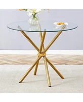 Streamdale Furniture Round clear glass dining table with a unique shape for 4-6 people, with ring-shaped gathered gold metal legs, suitable for desks,